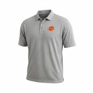 Clemson Tigers Russell Polo Shirt Mens L Gray Striped Orange Paw Dri Fit Golf